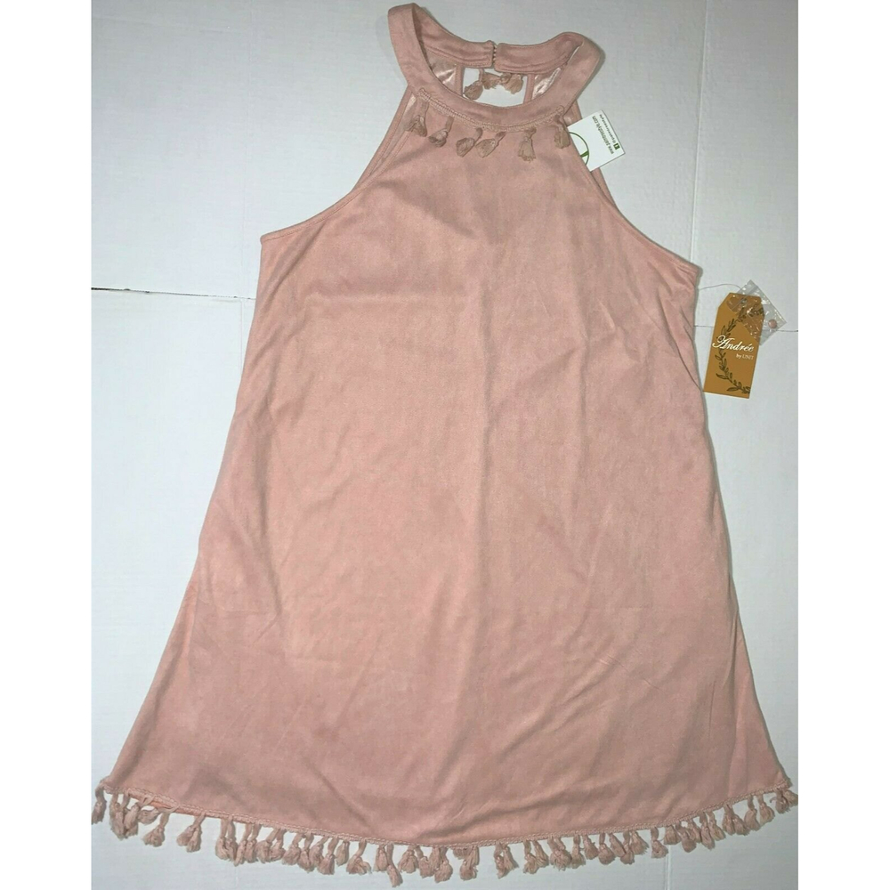 NEW Andree By Unit Pink Sueded Sleeveless Fringe Lined A-Line Dress Women's S